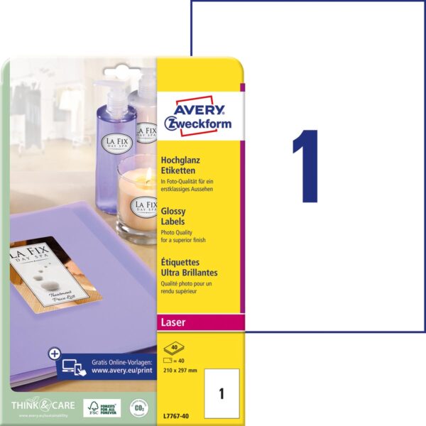 Avery Etiketten hoogglanzend ft 210 x 297 mm (b x h), doos van 40 blad, 40 stuks - Afbeelding 2