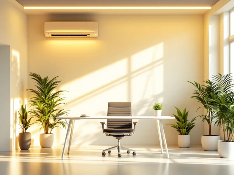 Een modern kantoor met ergonomisch meubilair, LED-verlichting, planten en een airco. Het straalt duurzaamheid en efficiëntie uit.