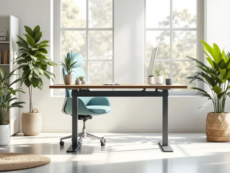 Een moderne kantoorruimte met een zit-sta bureau, ergonomische stoel, veel natuurlijk licht en planten, in neutrale tinten met groen en blauw.